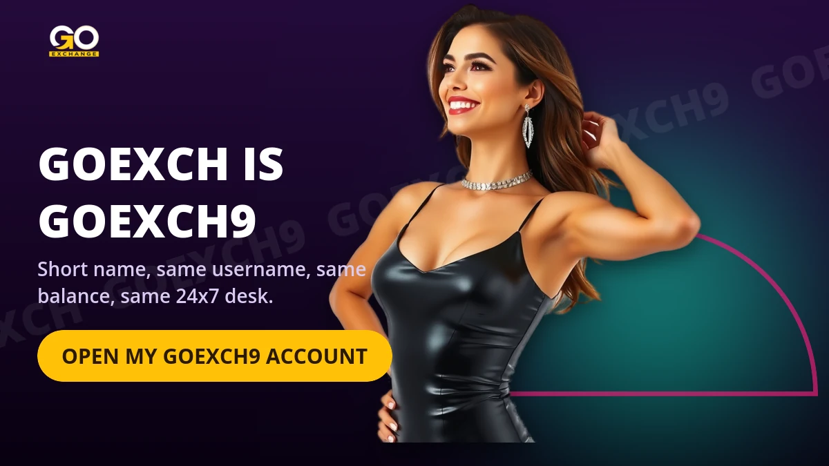 GoExch short name banner showing a model presenting the GoExch9 account behind the goexch search